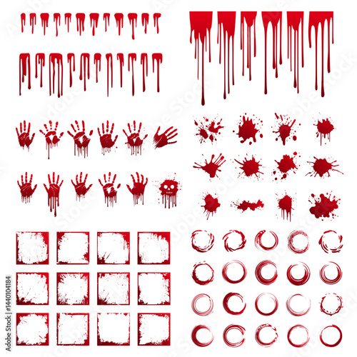 Bloody Handprints, Blood Splatter, Dripping Blood, Bloody Frames and Circles Set – Halloween Horror Vector Collection Bundle