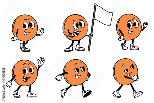 Retro style cartoon orange mascot characters with different poses and expressions