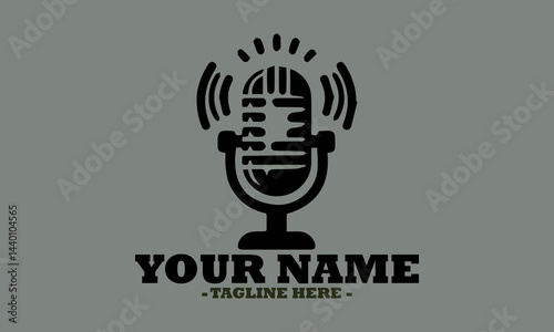 Vintage-style microphone emitting sound waves in a bold, monochromatic design. Audio recording concept and suitable for podcasts, microphone silhouette vector illustration, microphone logo icon