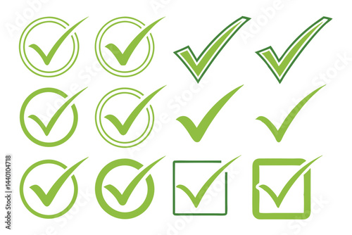 Set of green check mark icons isolated on white background vector illustration