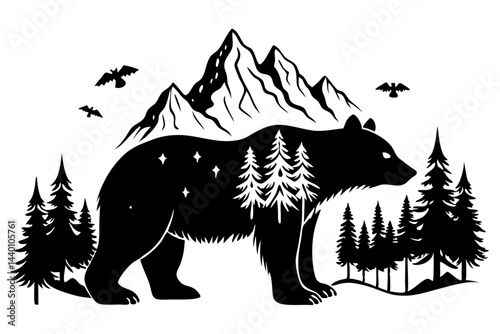 Silhouette of a bear with a double exposure effect featuring a mountain landscape and flying birds