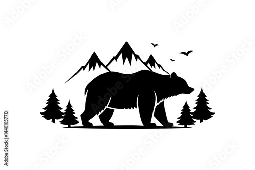 Silhouette of a bear with a double exposure effect featuring a mountain landscape and flying birds