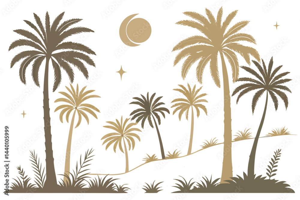 Fototapeta premium Tropical palm trees silhouette scene with moon and stars golden tones