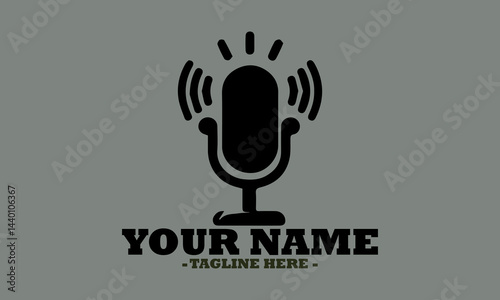 Vintage-style microphone emitting sound waves in a bold, monochromatic design. Audio recording concept and suitable for podcasts, microphone silhouette vector illustration, microphone logo icon