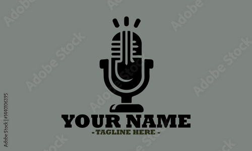 Vintage-style microphone emitting sound waves in a bold, monochromatic design. Audio recording concept and suitable for podcasts, microphone silhouette vector illustration, microphone logo icon