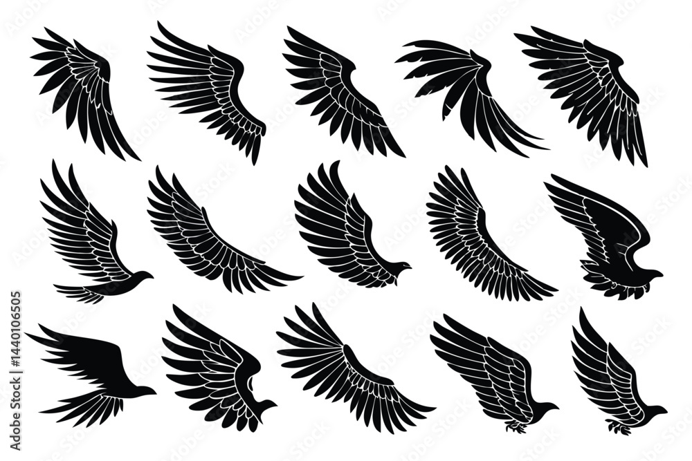 Fototapeta premium Vector set of stylized wings collection in various shapes and poses black silhouettes