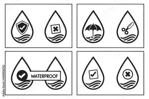 Waterproof icons vector set representing water resistance and protection properties