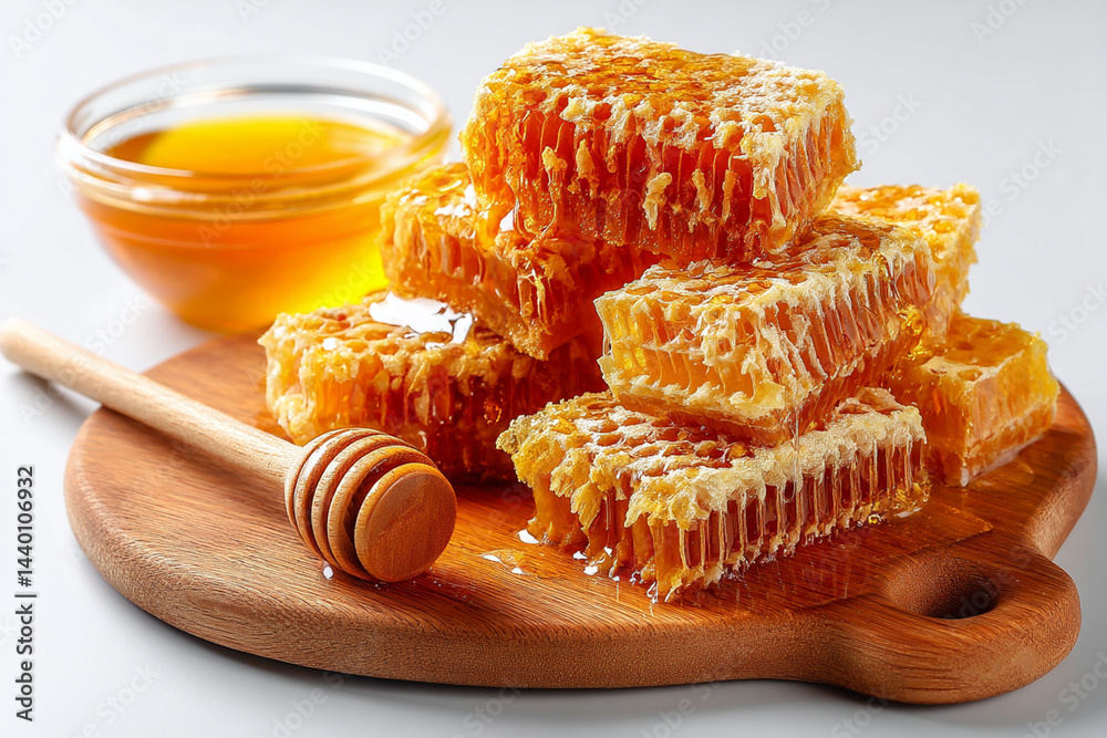 Natural honeycombs filled with honey on a wooden board on a white background Natural honeycombs filled with honey on a wooden board on a white background