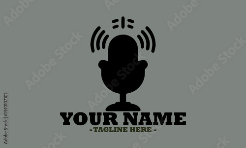 Vintage-style microphone emitting sound waves in a bold, monochromatic design. Audio recording concept and suitable for podcasts, microphone silhouette vector illustration, microphone logo icon