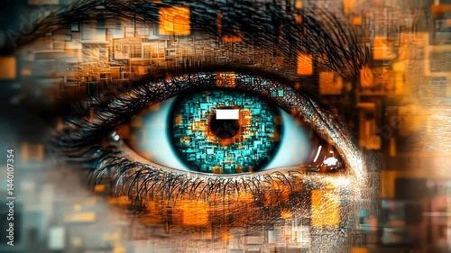 Technological eye close up digital iris with geometric enhancements for futuristic vision