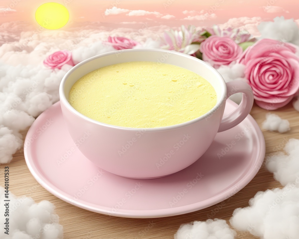 Artistic Arrangement of Cup with Creamy Substance Surrounded by Clouds and Flowers at Sunrise Artistic Arrangement of Cup with Creamy Substance Surrounded by Clouds and Flowers at Sunrise