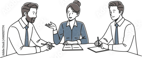 three business professionals sitting at a table, engaging in a discussion. Collaborative and communicative business setting concept. Line drawing illustration design 
