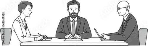 three business professionals sitting at a table, engaging in a discussion. Collaborative and communicative business setting concept. Line drawing illustration design 