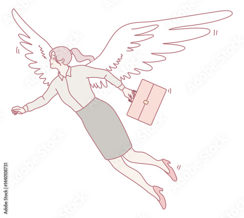 An illustration shows an angelic businesswoman soaring with her briefcase, symbolizing her success and ambition