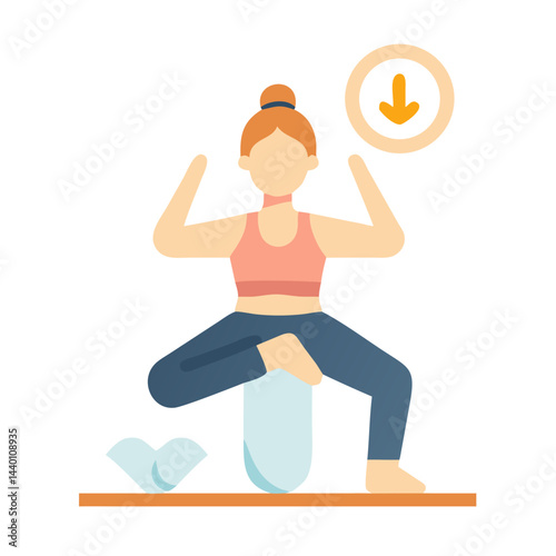Woman Doing Yoga on a Bolster Pillow with Downward Arrow Sign