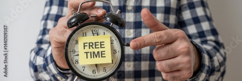 Person holding an alarm clock with a free time note photo