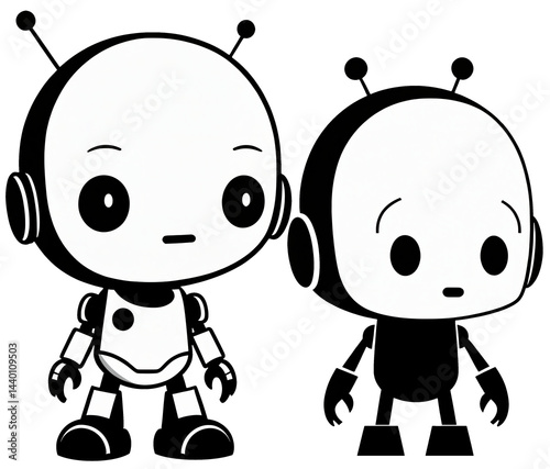 Obraz na płótnie Two small cute shy robots as humanoid android robots with artificial intelligence, AI, are afraid and curious, curiosity of small children, young generation, scared or shocked and disappointed, illust w salonie