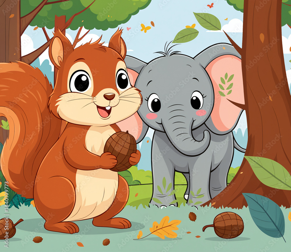 A cute squirrel hides and eats its nuts surrounded by trees in the forest, and a small baby elephant discovers the squirrel. Cartoon illustration