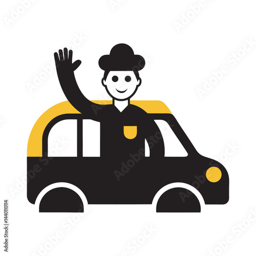 Taxi driver waving from car window happily