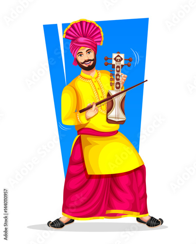 Portrait of Sikh Man performing bhangra with traditional musical instrument Sarangi during Baisakhi Celebration
