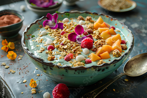 Wallpaper Mural Healthy green smoothie bowl topped with bananas, berries, melon, and oats Torontodigital.ca