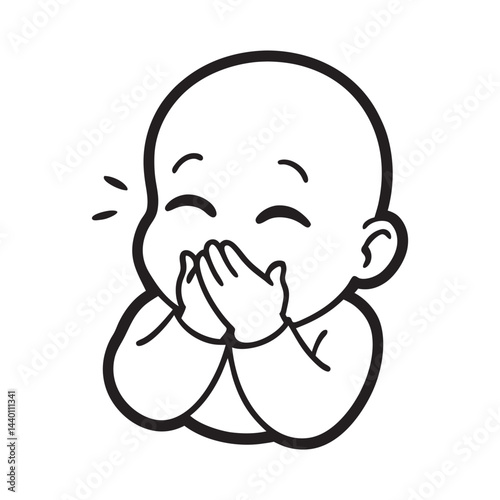 Giggling baby covering mouth with tiny hands
