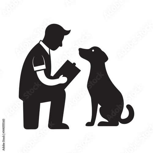 Veterinarian petting dog while holding clipboard