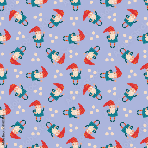 Playful gnome pattern on blue background. Design for fabric, textile, wallpaper, packaging