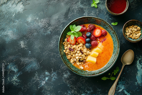 Wallpaper Mural Healthy green smoothie bowl topped with bananas, berries, melon, and oats Torontodigital.ca