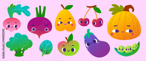 Funny fruits and vegetables vector set. Cute green food with faces collection.
