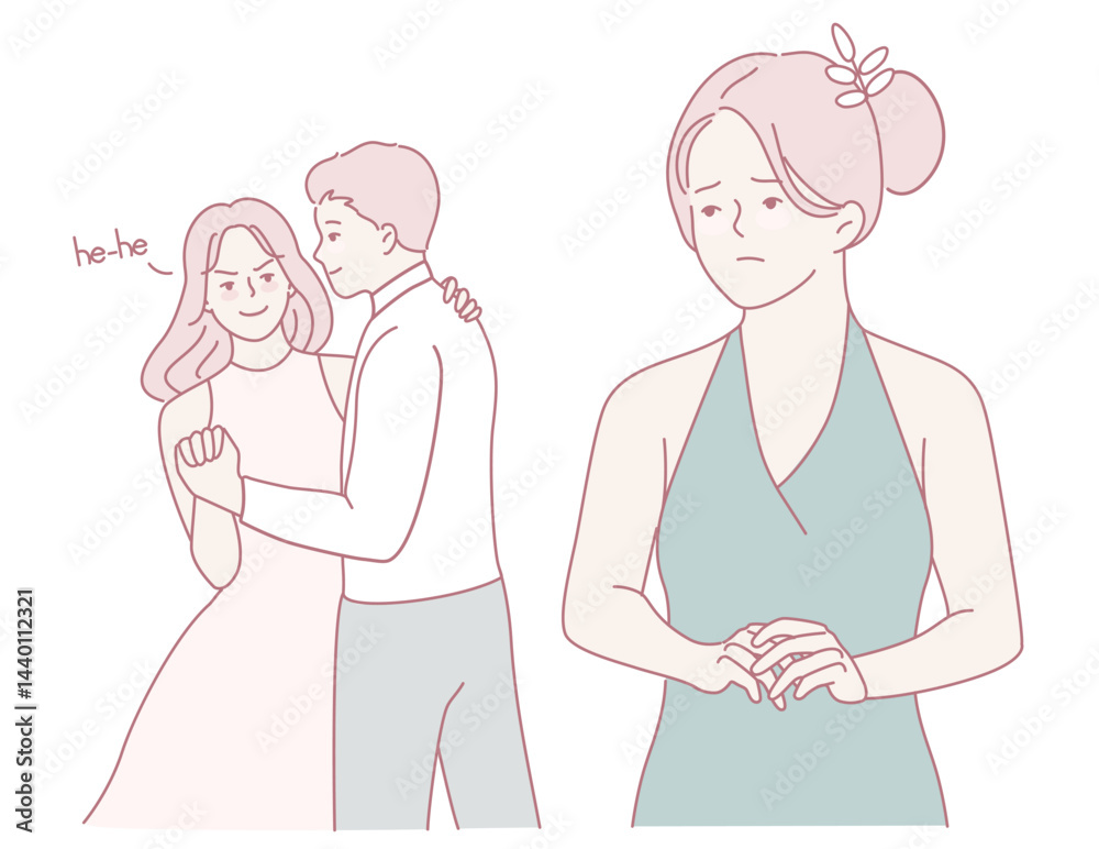 A scene of intense jealousy and sadness at a dance, showing unreciprocated feelings between two individuals A scene of intense jealousy and sadness at a dance, showing unreciprocated feelings between two individuals