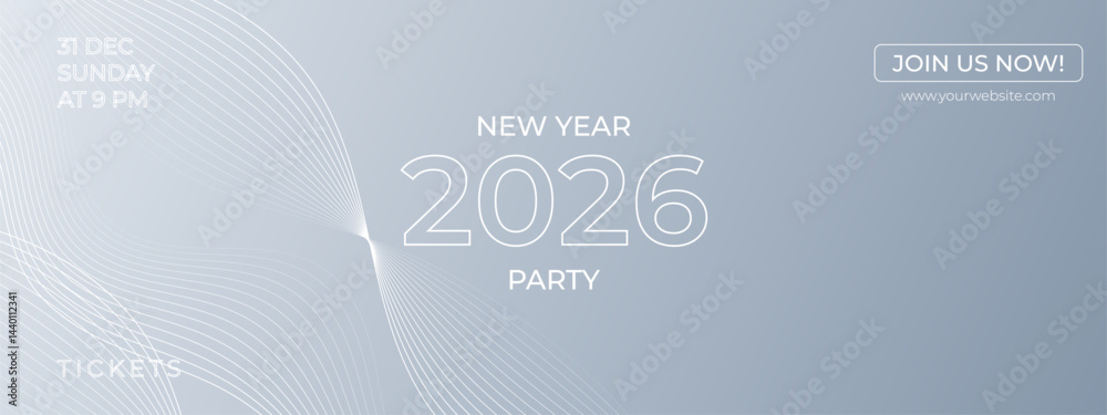 Fototapeta premium Vector Futuristic Abstract Gray White Wave Banner for New Year 2026 Party Celebration