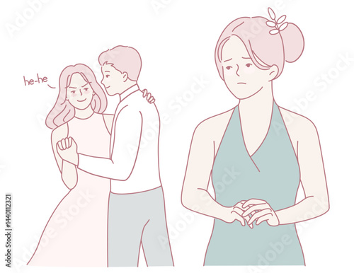 A scene of intense jealousy and sadness at a dance, showing unreciprocated feelings between two individuals