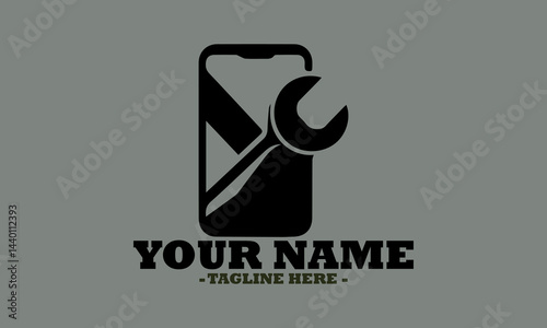 Mobile phone displaying a wrench inside a crossed-out circle indicating repair not allowed. Device restriction concept, phone logo icon and mobile application vector illustration