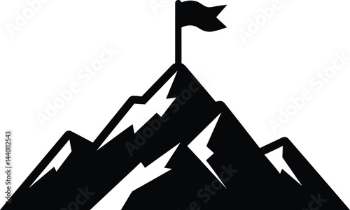 Mountain Peak with Flag - Black and White Vector