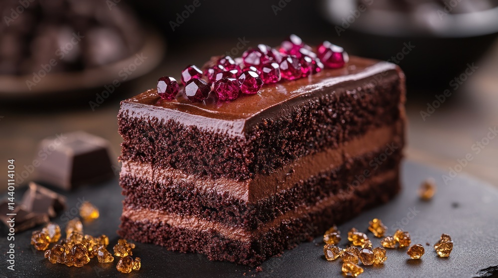 Chocolate cake slice with filling and berry topping on a dark surface. Chocolate cake slice with filling and berry topping on a dark surface.