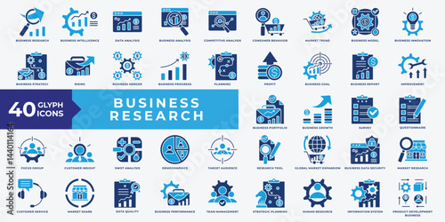 Business Research icon collection set. Containing business, research, data analysis, market trend, innovation, strategy, planning, profit, business goal and report. Simple flat vector illustration.