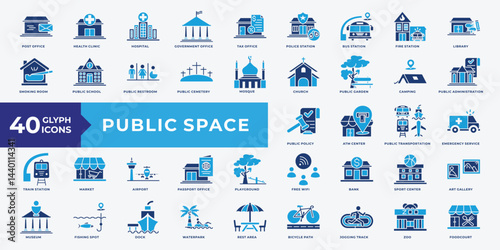 Public Space icon set with Post Office, Health Clinic, Hospital, Government Office, Tax Office, Police Station, Bus Station, airport, bank and transportation. Simple flat vector illustration.