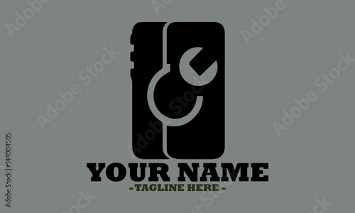 Mobile phone displaying a wrench inside a crossed-out circle indicating repair not allowed. Device restriction concept, phone logo icon and mobile application vector illustration