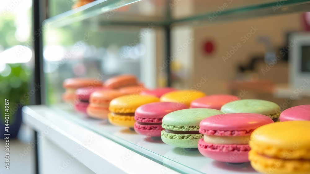 cafe setting featuring a glass display case filled with colorful macarons, set against a clean white background, copy space