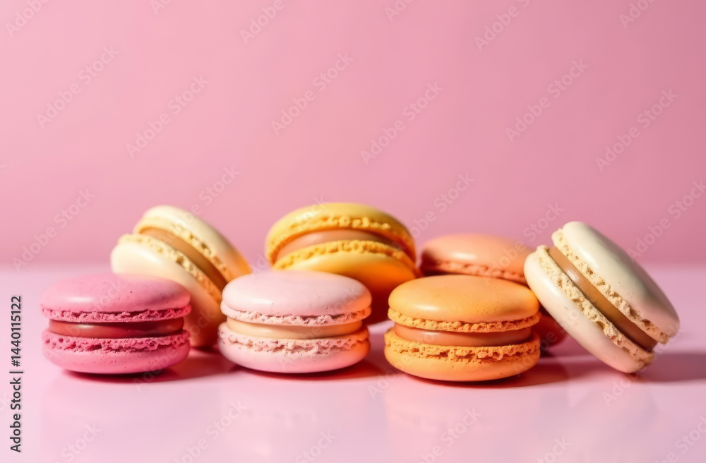 close up A stylish arrangement of macarons in different flavors, set against a pink backdrop, copy space