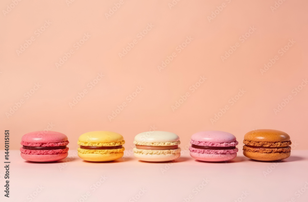 close up A stylish minimalistic arrangement of pastel macarons in different flavors, set against a beige background, copy space
