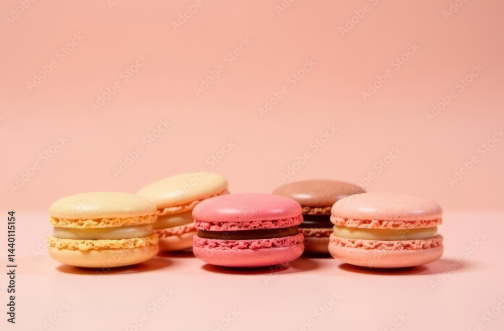 close up A stylish arrangement of pastel macarons in different flavors, set against a beige background, copy space