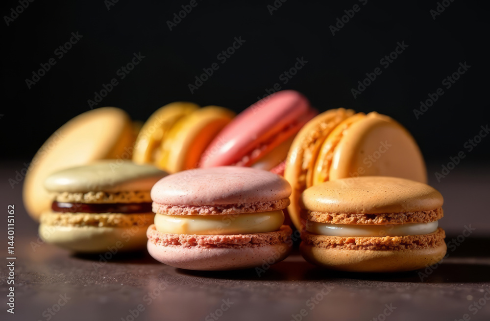 close up A stylish arrangement of macarons in different flavors, set against a dark deep backdrop, copy space, modern beige tones