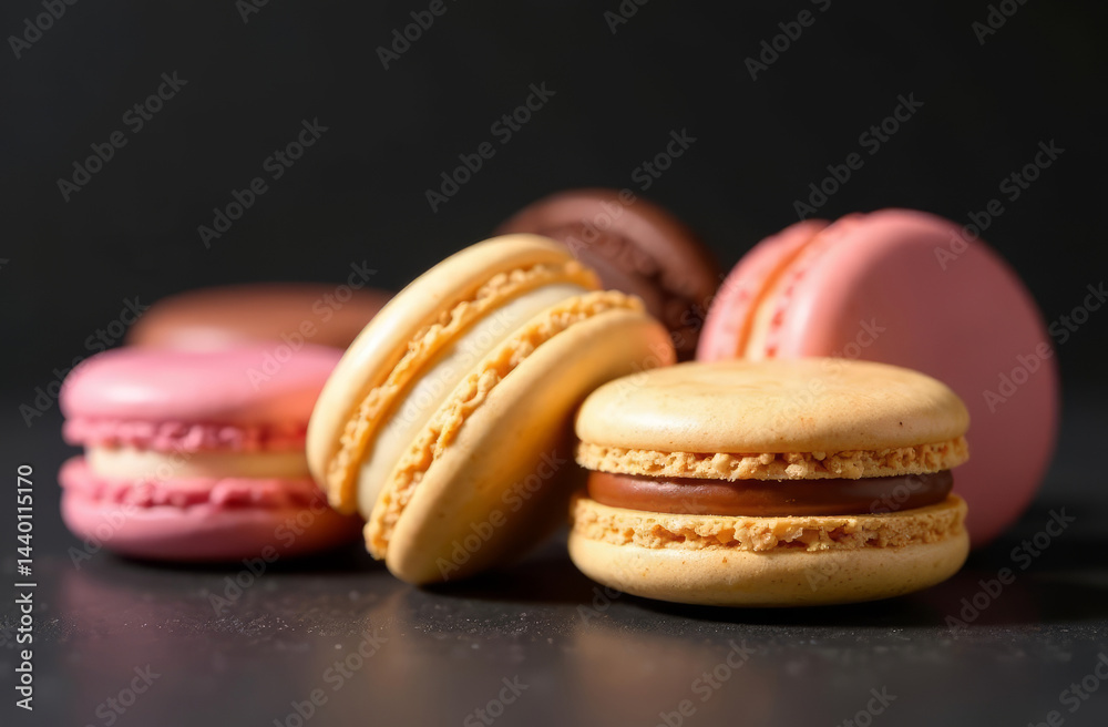 close up A stylish arrangement of macarons in different flavors, set against a dark deep backdrop, copy space, modern beige tones