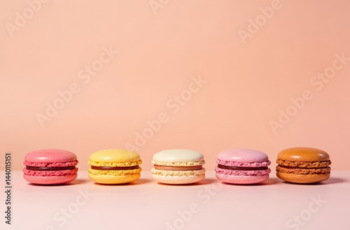 Obraz na płótnie close up A stylish minimalistic arrangement of pastel macarons in different flavors, set against a beige background, copy space w salonie