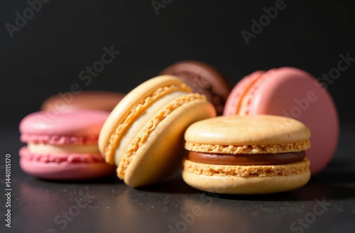 Obraz na płótnie close up A stylish arrangement of macarons in different flavors, set against a dark deep backdrop, copy space, modern beige tones w salonie