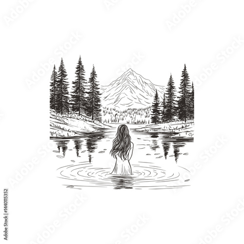 woman soaking in lake with mountain view design vector template illustration