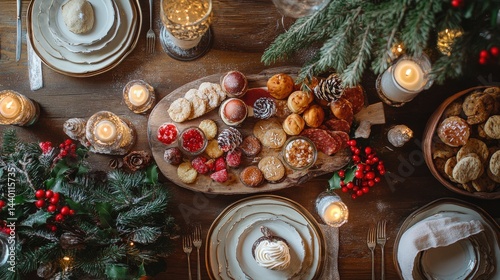 Festive Christmas table setting with various treats and decorations.