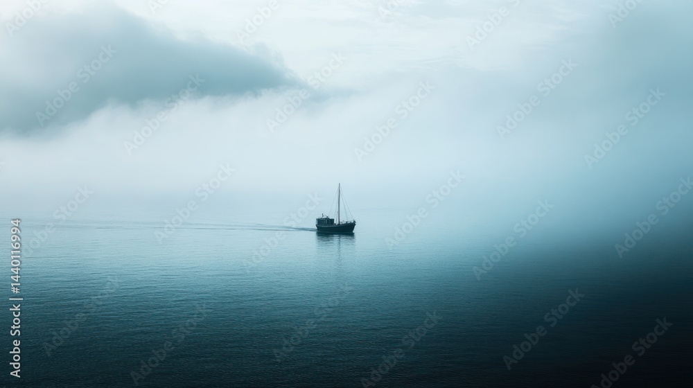 Fototapeta premium Solitary Vessel in Misty Seascape: A Tranquil Ocean Scene